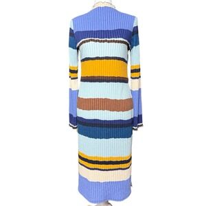 Striped Ribbed Knit Bodycon Midi Dress Long Sleeve Blue ODDI USA